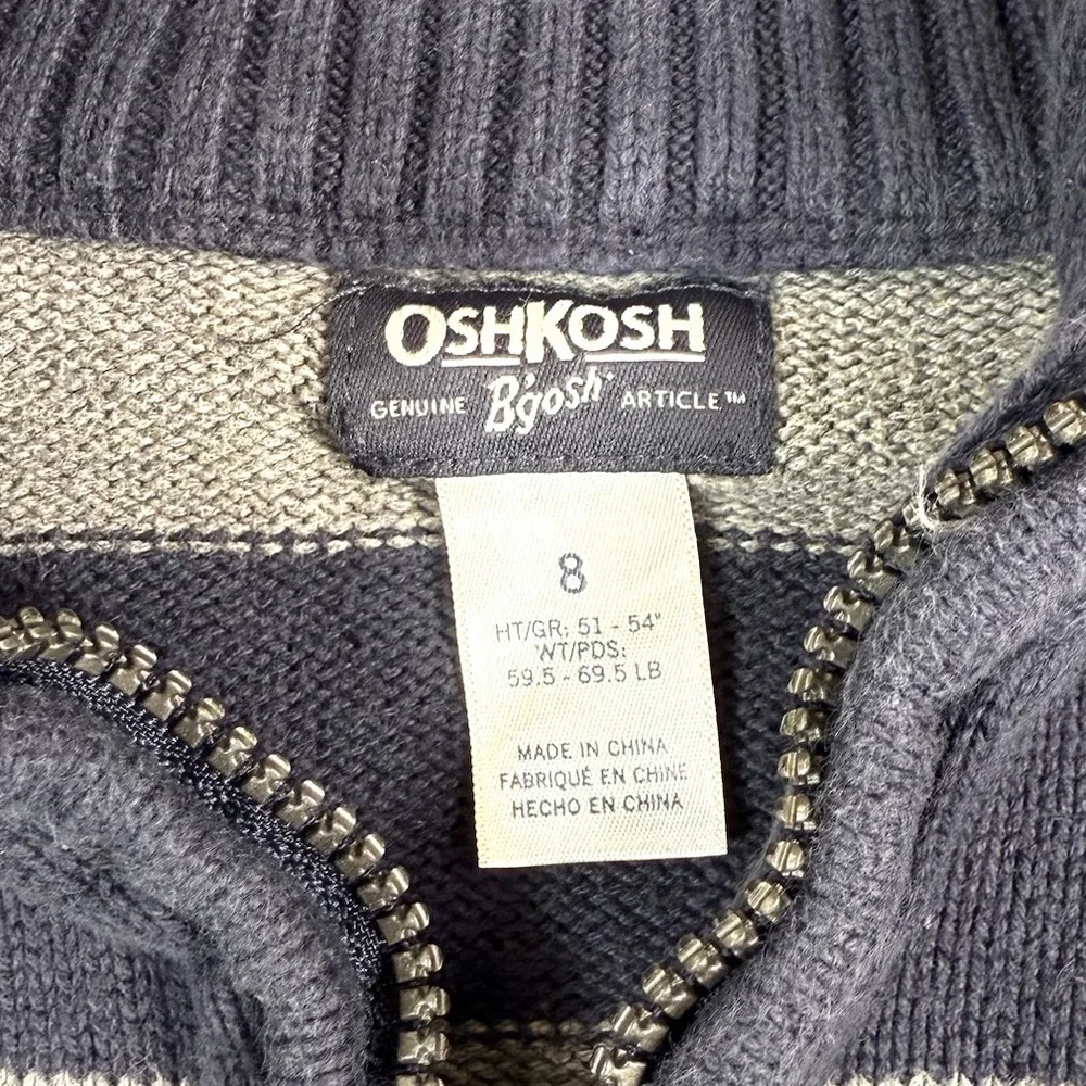 OSHKOSH Boys Quarter Zip Sweater‎ Size 8 Blue Gray Striped Preppy Classic